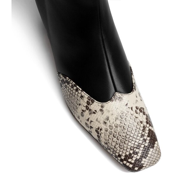 Women's Black Ankle Boots Square Toe High Block Chunky Heel Snakeskin Booties - Picture 6 of 7